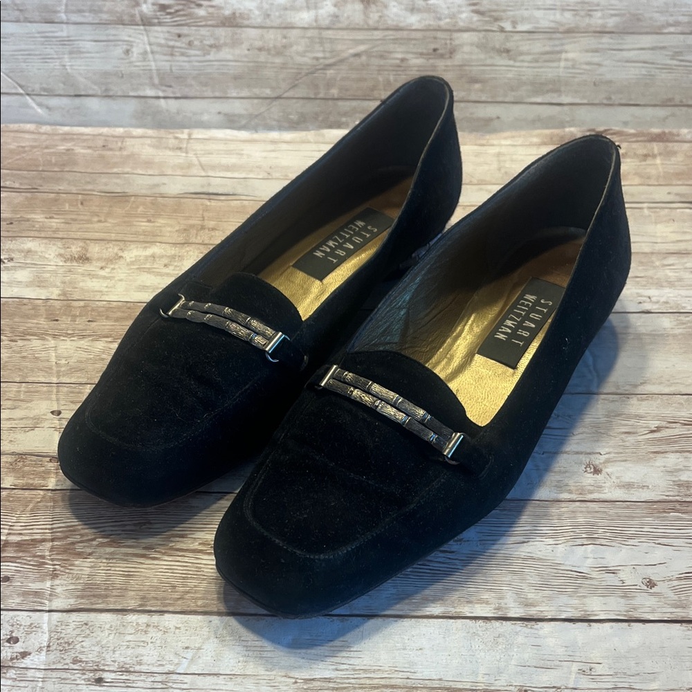 Stuart Weitzman Black Velvet Loafers with Silver Accents